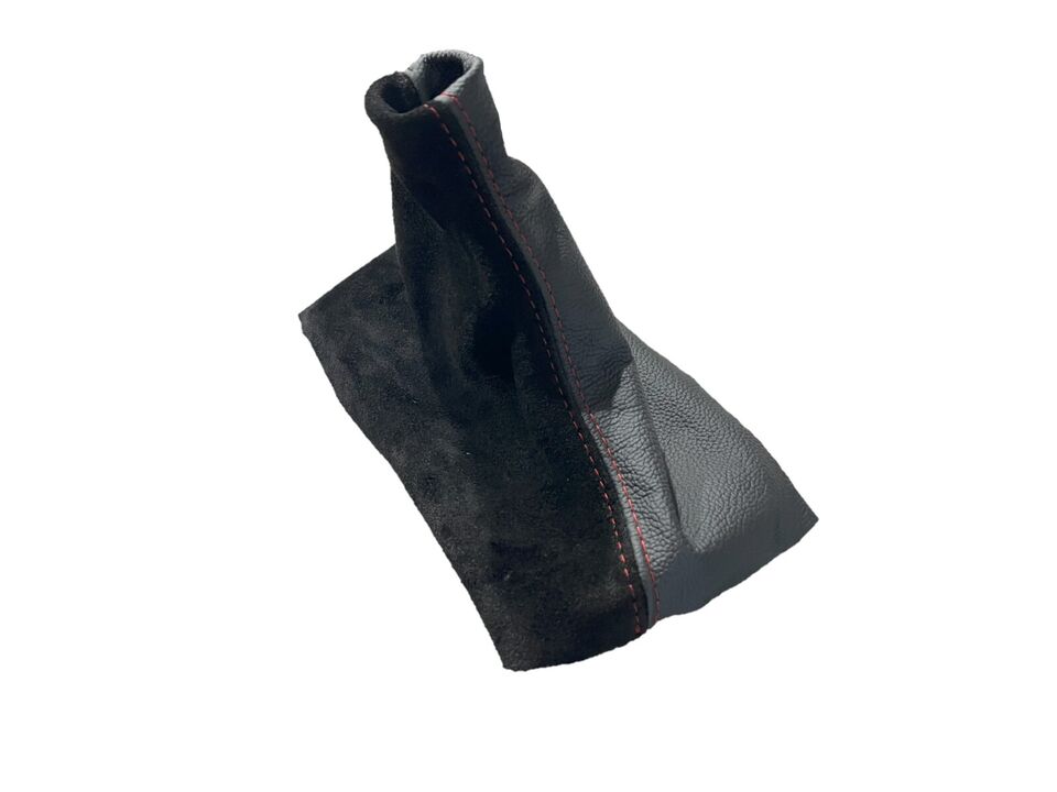 Black Leather & Suede Shift Boot Cover In Red Stitch For Ford Mustang GT 2005 2006 2007 2008 2009
