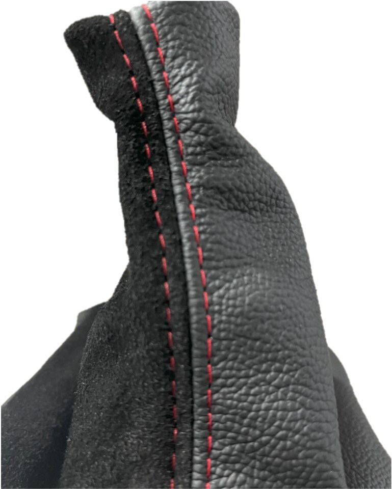 Black Leather & Suede Shift Boot Cover In Red Stitch For Ford Mustang GT 2005 2006 2007 2008 2009