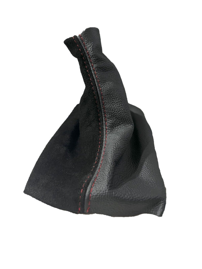 Black Leather & Suede Shift Boot Cover In Red Stitch For Ford Mustang GT 2005 2006 2007 2008 2009